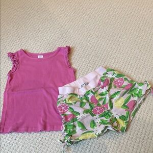 Kids Pink Ruffle Top from GAP and Fruit Print Shorts from Art & Eden